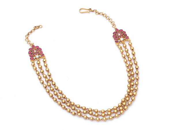 Floral With Three Layered Beads Gold-Plated Silver Necklace