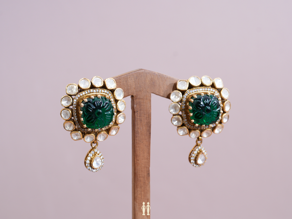 Green And Crystal Stone Pure Silver Earrings
