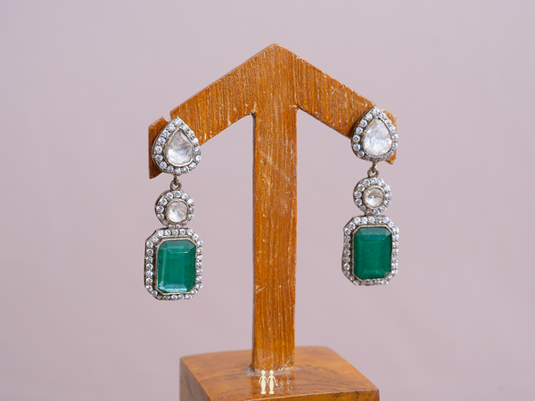 Green And Crystal Stone Pure Silver Earrings