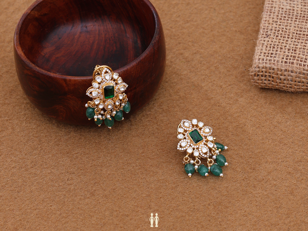 Green And Crystal Stone With Bead Gold Plated Silver Earrings