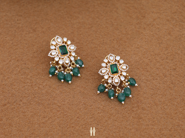 Green And Crystal Stone With Bead Gold Plated Silver Earrings