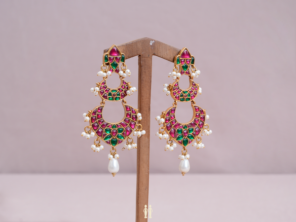 Green And Pink Kemp Stone Gold Plated Pure Silver Earrings