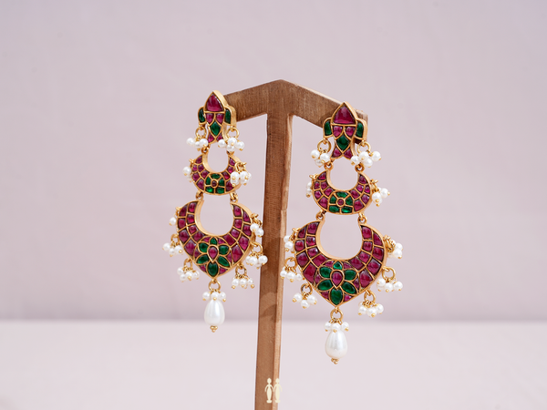 Green And Pink Kemp Stone Gold Plated Pure Silver Earrings