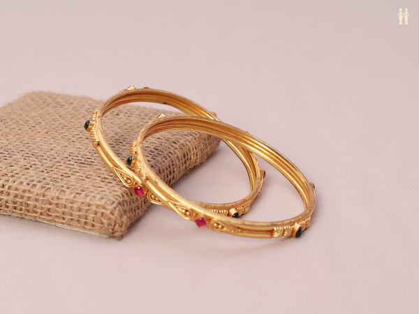 Green And Pink Stone Gold Plated Silver Bangles