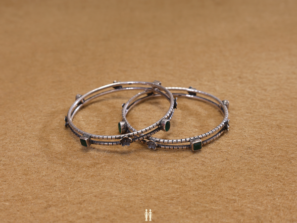 Green Stone Pure Silver Bangles