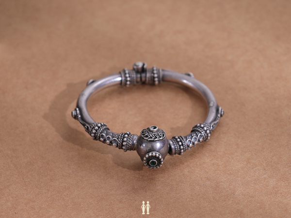 Green Stone Pure Silver Oxidized Screw Kada Bangle