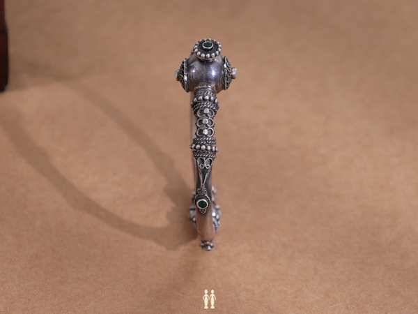 Green Stone Pure Silver Oxidized Screw Kada Bangle