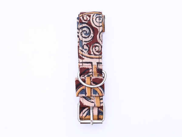 Dark Maroon Kalamkari Cotton Dog Collar With Rope Set