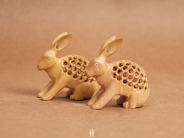 Set Of 2 Wooden Handicraft Rabbit For Decor