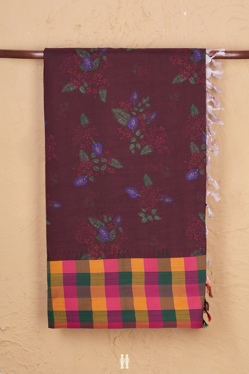 Kanchipuram Silk Saree In Chocolate Brown With Floral Design