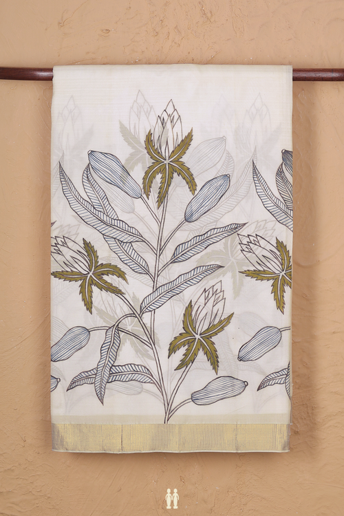 Kanchipuram Silk Saree In White With Hand Painted Border