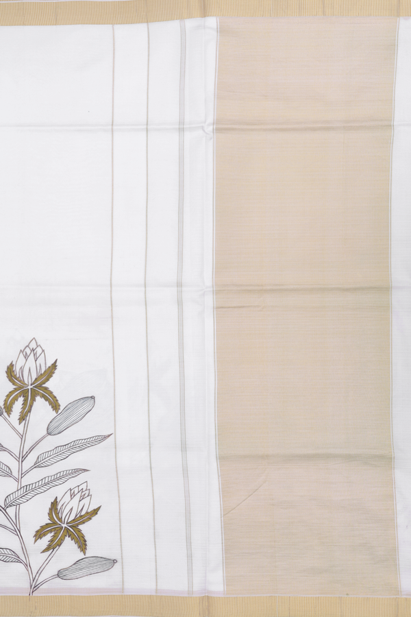Kanchipuram Silk Saree In White With Hand Painted Border