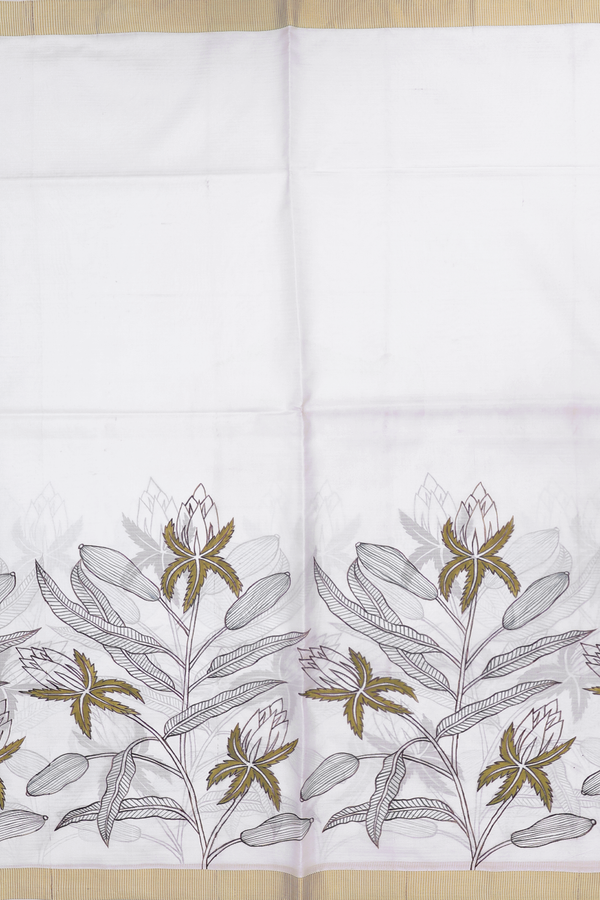 Kanchipuram Silk Saree In White With Hand Painted Border
