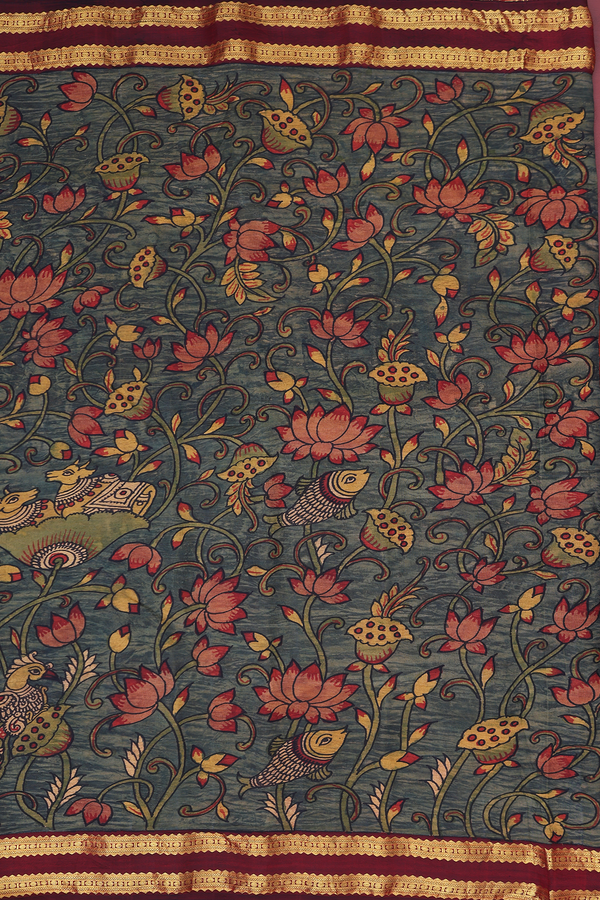 Kanchipuram Silk Saree Green With Floral Hand Painted Design