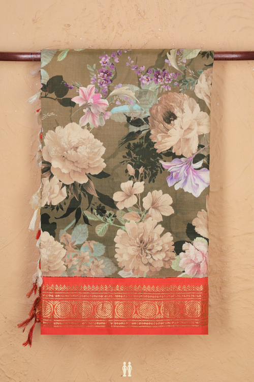 Kanchipuram Silk Saree In Cardamom Green With Floral Design