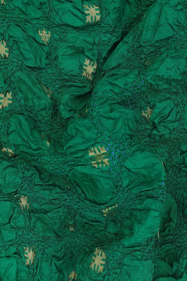 Bandhani Silk Saree In Emerald Green With Zari Buttas