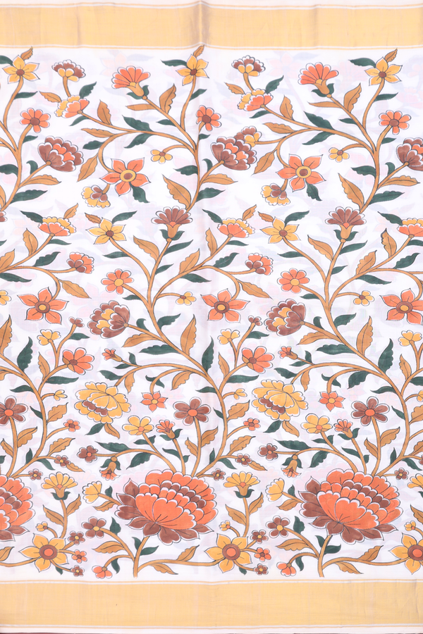 Kanchipuram Silk Saree White With Floral Hand Painted Design