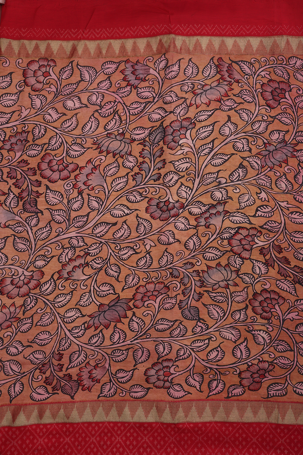 Kanchipuram Silk Saree Orange With Floral Hand Painted Design