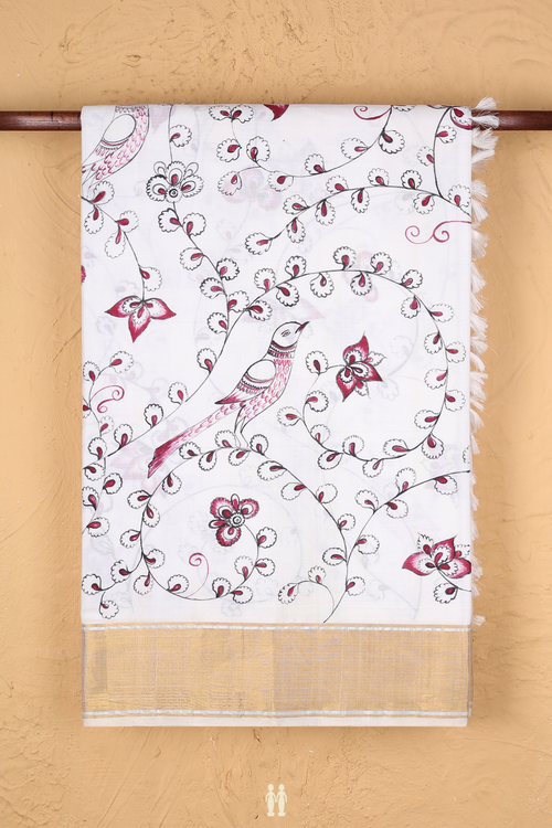 Kanchipuram Silk Saree In White With Hand Painted Design