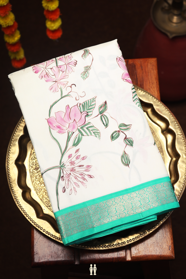 Kanchipuram Silk Saree In White With Hand Painted Design