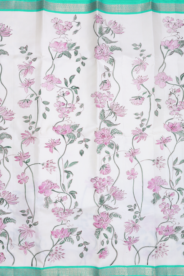 Kanchipuram Silk Saree In White With Hand Painted Design