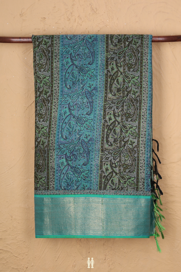 Kanchipuram Silk Saree In Blue And Green With Natural Dye Printed