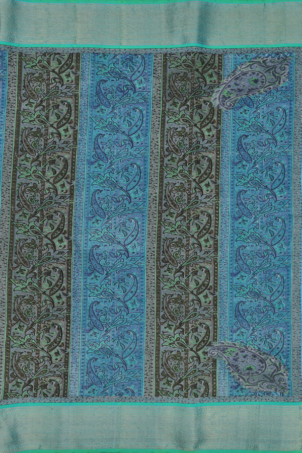 Kanchipuram Silk Saree In Blue And Green With Natural Dye Printed