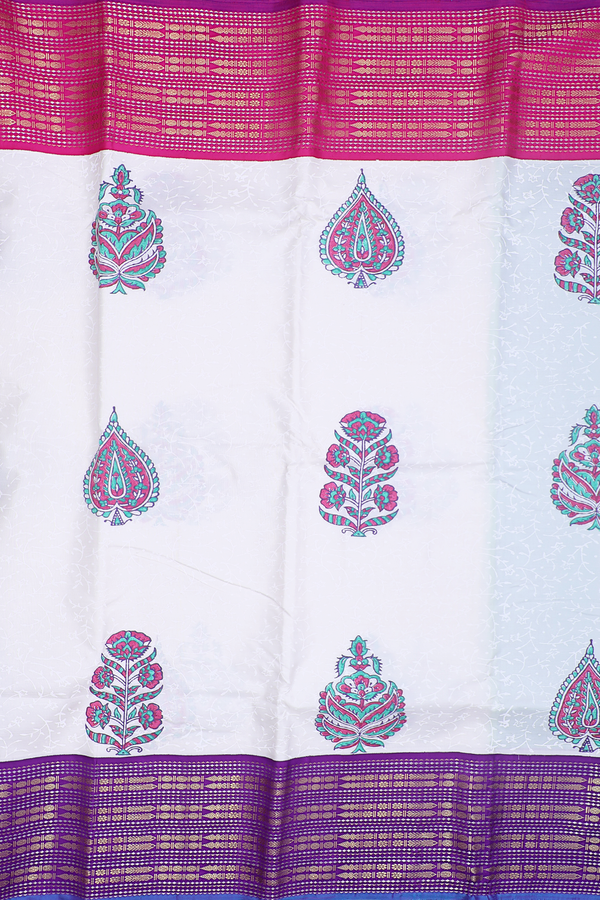 Kanchipuram Silk Saree In White With Hand Painted Design