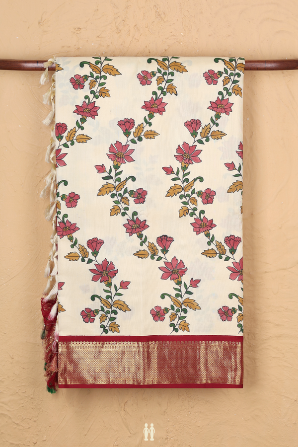 Kanchipuram Silk Saree Light Yellow With Floral Hand Painted