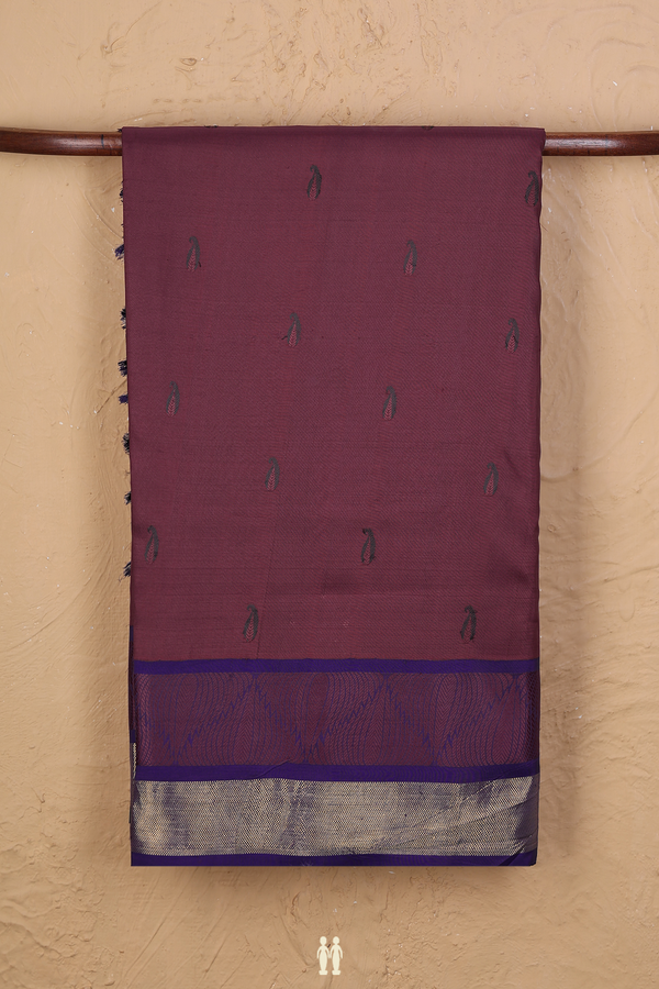 Kanchipuram Silk Saree In Burgundy With Paisley Buttas