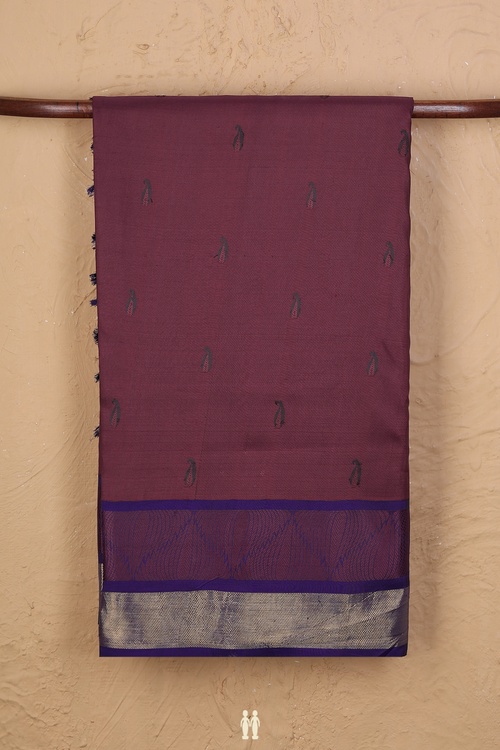 Kanchipuram Silk Saree In Burgundy With Paisley Buttas