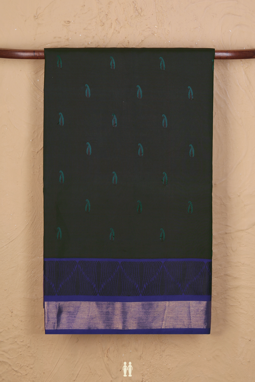 Kanchipuram Silk Saree In Midnight Green With Paisley Buttas