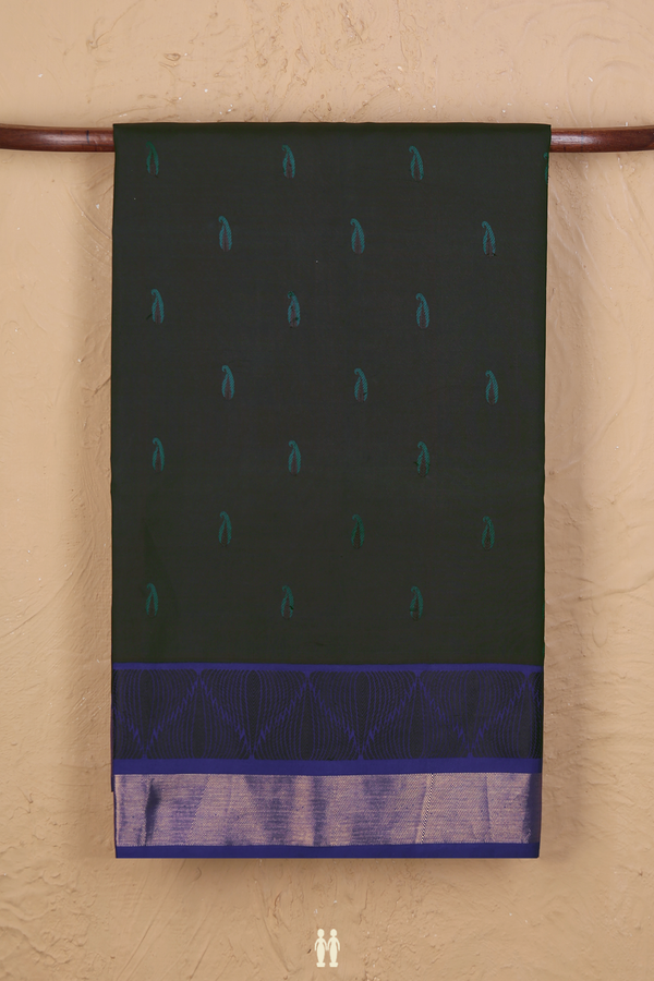 Kanchipuram Silk Saree In Midnight Green With Paisley Buttas