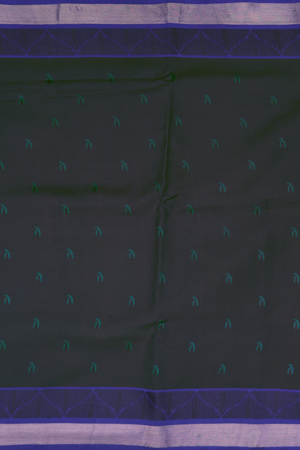 Kanchipuram Silk Saree In Midnight Green With Paisley Buttas