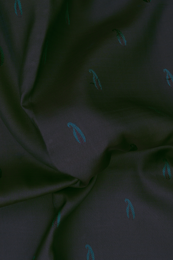 Kanchipuram Silk Saree In Midnight Green With Paisley Buttas