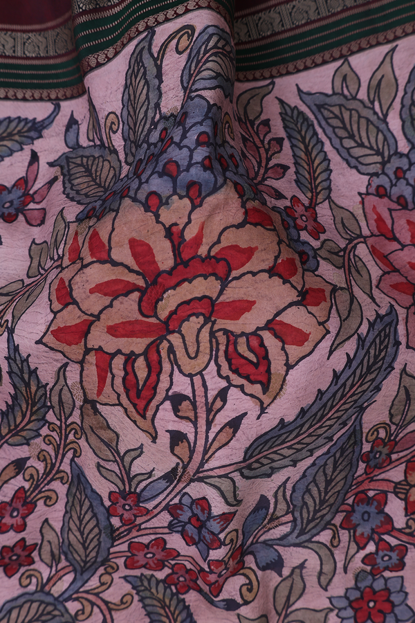 Kanchipuram Silk Saree In Pink With Hand Painted Design