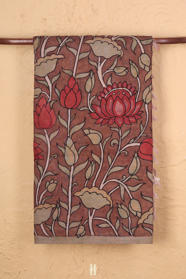 Kanchipuram Silk Saree Brown With Floral Hand Painted Design