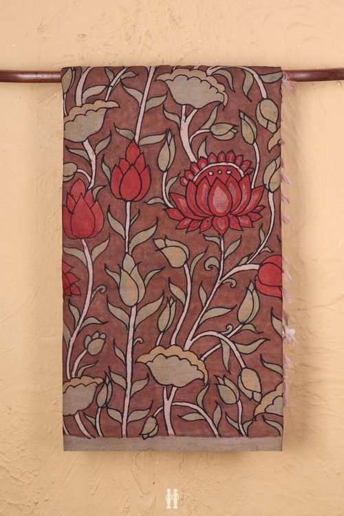 Kanchipuram Silk Saree Brown With Floral Hand Painted Design