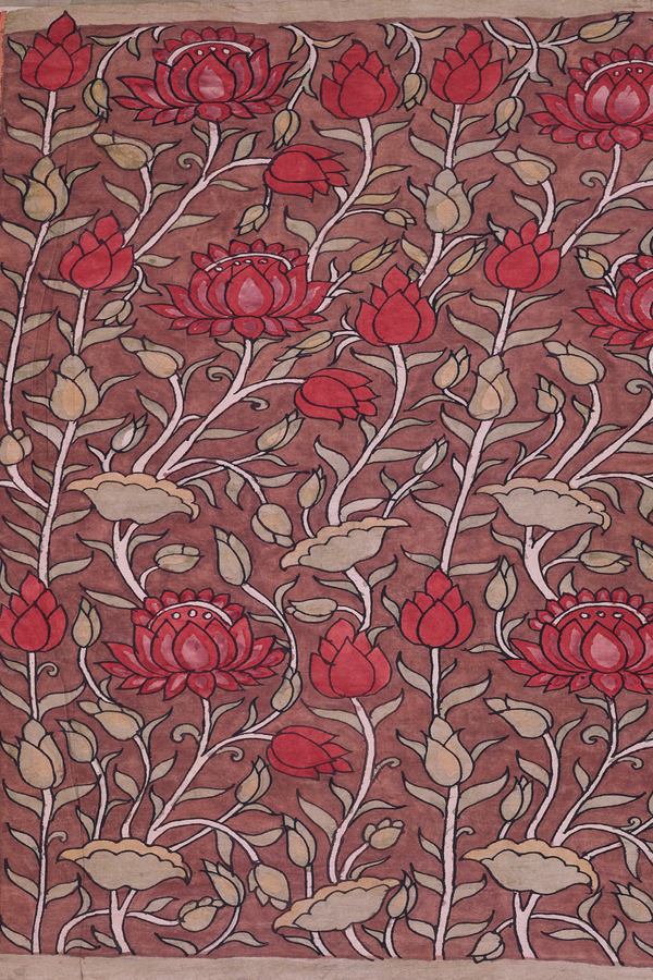 Kanchipuram Silk Saree Brown With Floral Hand Painted Design