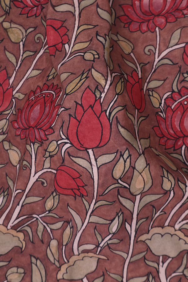 Kanchipuram Silk Saree Brown With Floral Hand Painted Design