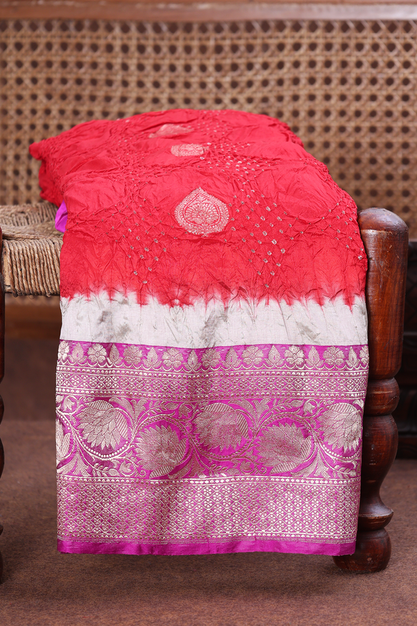 Bandhani Silk Saree In Chilli Red With Zari Buttas