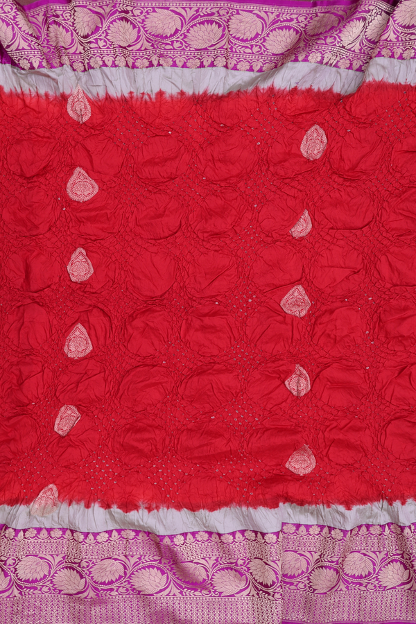 Bandhani Silk Saree In Chilli Red With Zari Buttas
