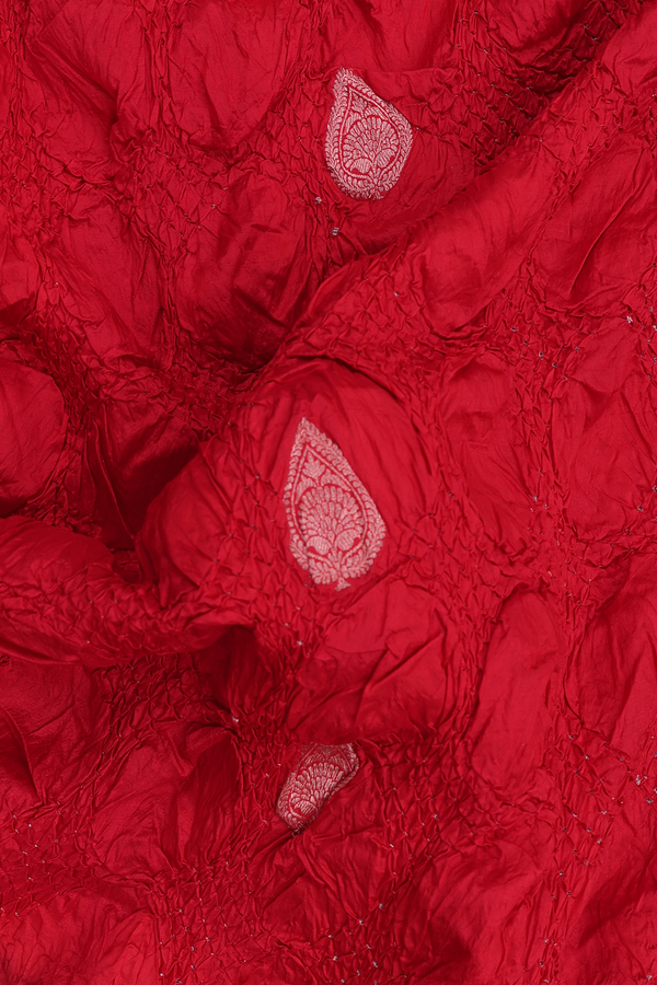 Bandhani Silk Saree In Chilli Red With Zari Buttas