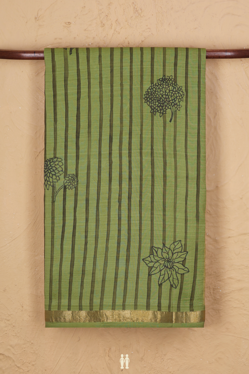 Kanchipuram Silk Saree In Pear Green With Stripes Design