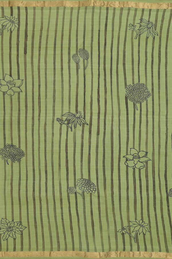 Kanchipuram Silk Saree In Pear Green With Stripes Design
