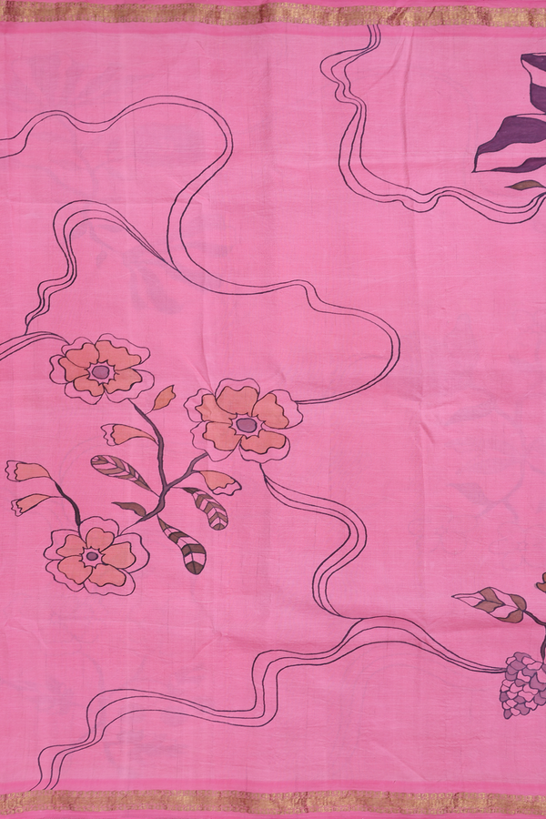 Kanchipuram Silk Saree In Pink With Hand Painted Design