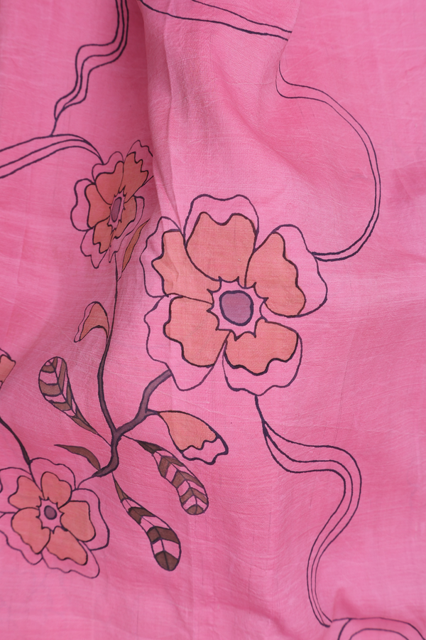 Kanchipuram Silk Saree In Pink With Hand Painted Design