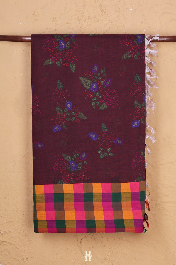 Kanchipuram Silk Saree In Chocolate Brown With Floral Design