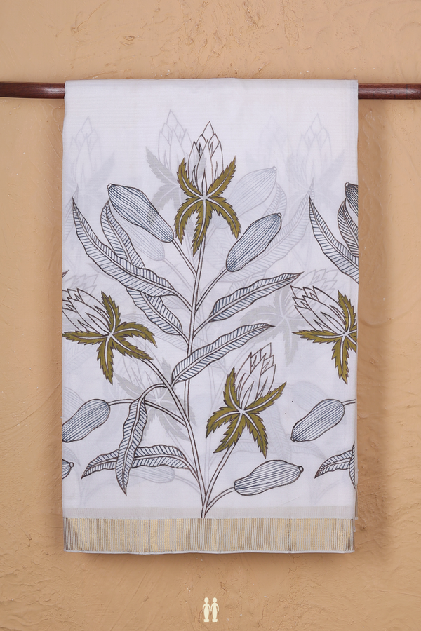 Kanchipuram Silk Saree In White With Hand Painted Border