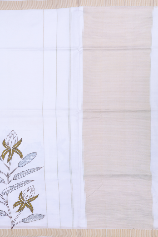Kanchipuram Silk Saree In White With Hand Painted Border